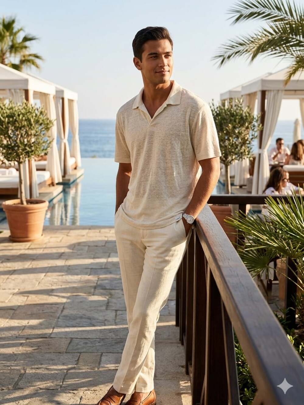 Onia Shaun Linen Polo Shirt Stone XL